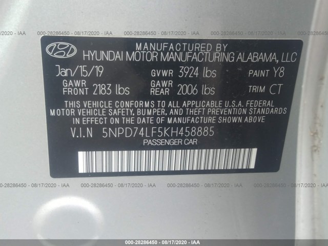 Photo 8 VIN: 5NPD74LF5KH458885 - HYUNDAI ELANTRA 