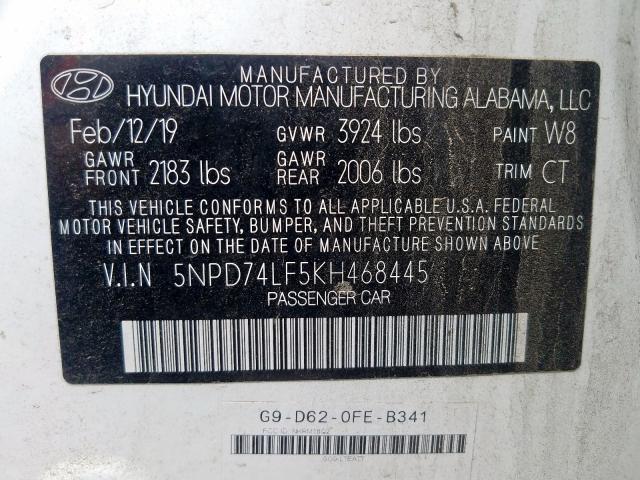 Photo 9 VIN: 5NPD74LF5KH468445 - HYUNDAI ELANTRA SE 