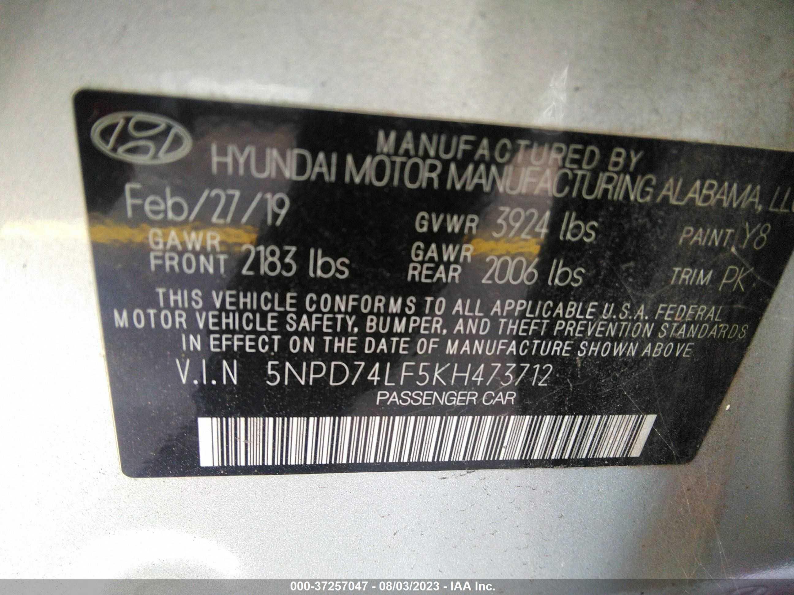 Photo 8 VIN: 5NPD74LF5KH473712 - HYUNDAI ELANTRA 