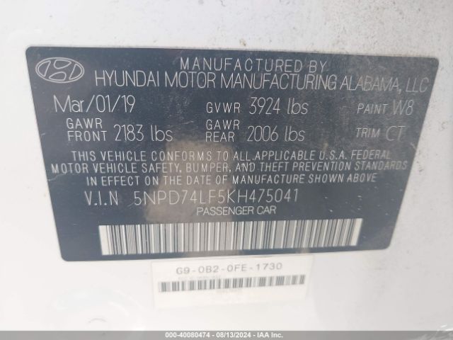 Photo 8 VIN: 5NPD74LF5KH475041 - HYUNDAI ELANTRA 