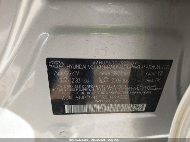 Photo 8 VIN: 5NPD74LF5KH494382 - HYUNDAI ELANTRA 