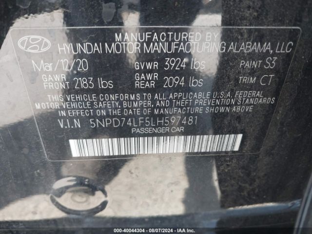 Photo 8 VIN: 5NPD74LF5LH597481 - HYUNDAI ELANTRA 