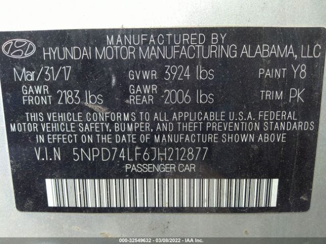 Photo 8 VIN: 5NPD74LF6JH212877 - HYUNDAI ELANTRA 