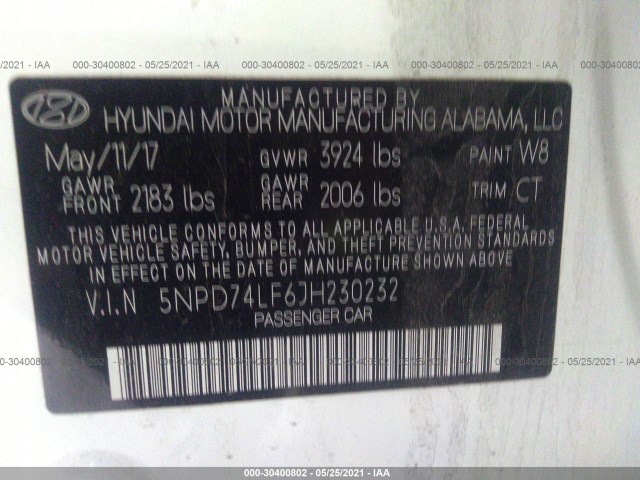 Photo 8 VIN: 5NPD74LF6JH230232 - HYUNDAI ELANTRA 