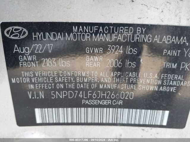 Photo 8 VIN: 5NPD74LF6JH266020 - HYUNDAI ELANTRA 