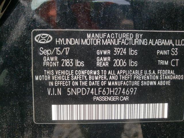 Photo 9 VIN: 5NPD74LF6JH274697 - HYUNDAI ELANTRA SE 