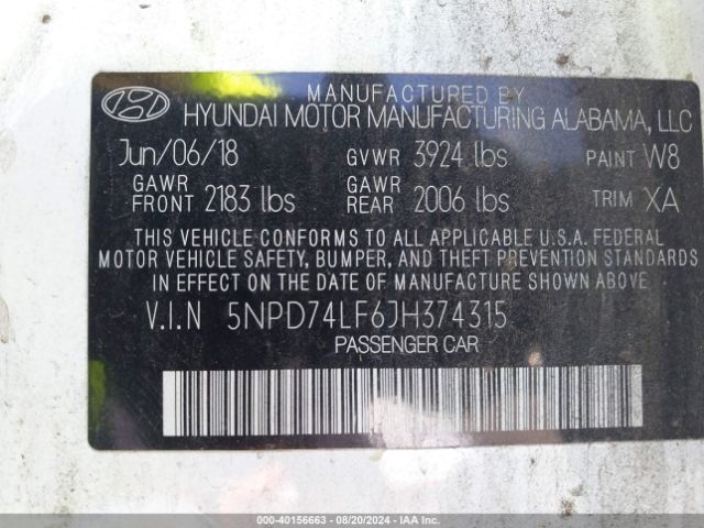 Photo 8 VIN: 5NPD74LF6JH374315 - HYUNDAI ELANTRA 