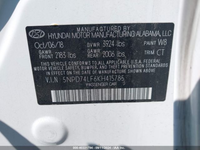 Photo 8 VIN: 5NPD74LF6KH415785 - HYUNDAI ELANTRA 