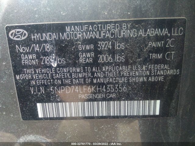 Photo 8 VIN: 5NPD74LF6KH435356 - HYUNDAI ELANTRA 