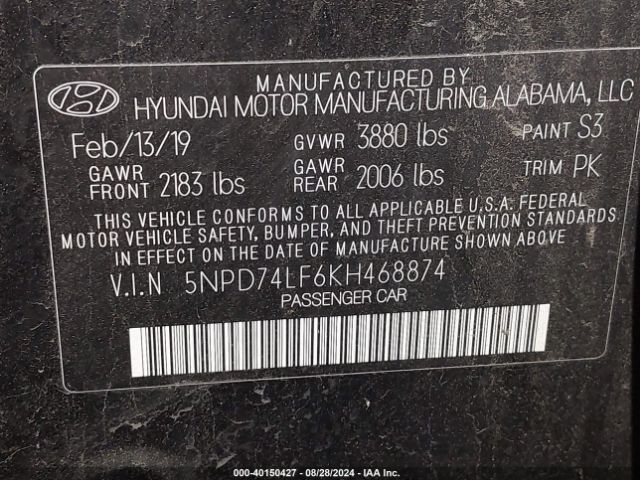 Photo 8 VIN: 5NPD74LF6KH468874 - HYUNDAI ELANTRA 