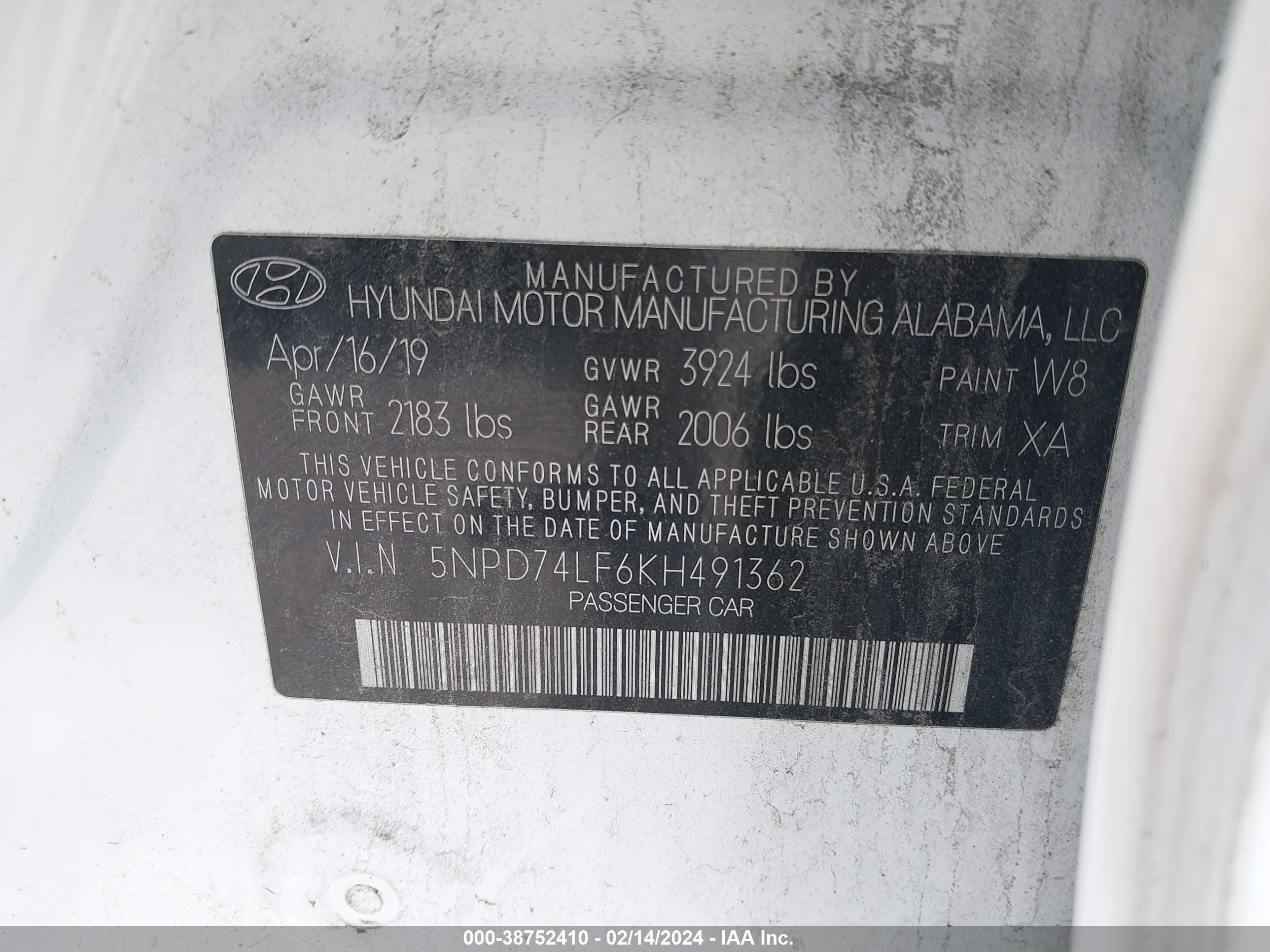 Photo 8 VIN: 5NPD74LF6KH491362 - HYUNDAI ELANTRA 