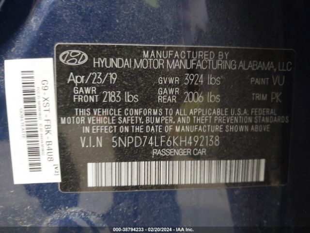 Photo 8 VIN: 5NPD74LF6KH492138 - HYUNDAI ELANTRA 