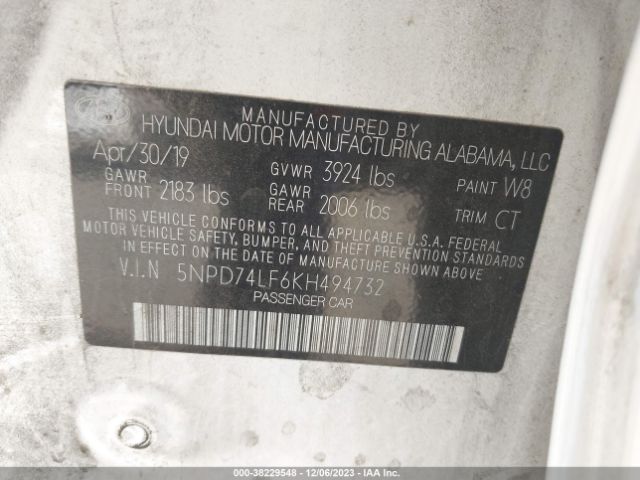 Photo 8 VIN: 5NPD74LF6KH494732 - HYUNDAI ELANTRA 