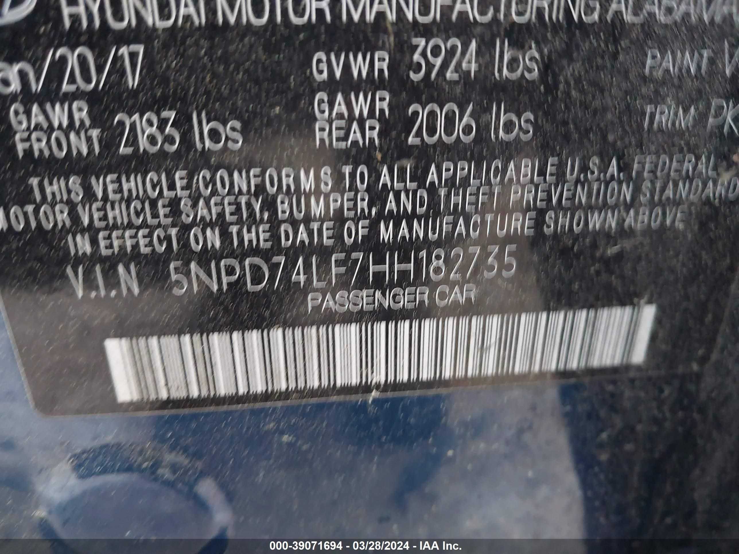 Photo 8 VIN: 5NPD74LF7HH182735 - HYUNDAI ELANTRA 