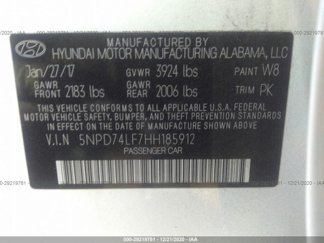 Photo 8 VIN: 5NPD74LF7HH185912 - HYUNDAI ELANTRA 