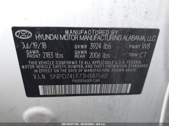 Photo 8 VIN: 5NPD74LF7JH387560 - HYUNDAI ELANTRA 