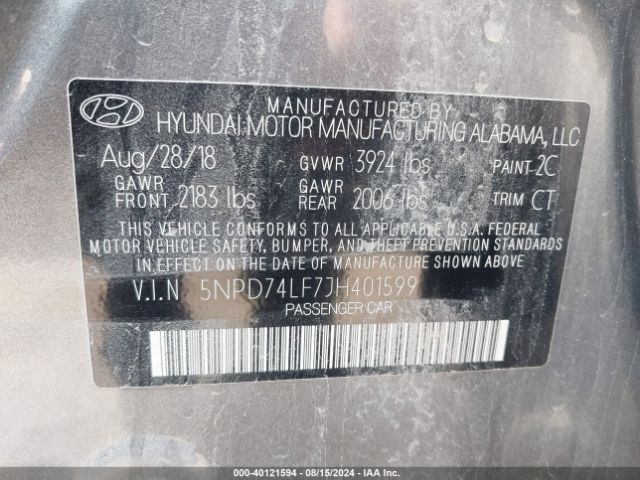 Photo 8 VIN: 5NPD74LF7JH401599 - HYUNDAI ELANTRA 