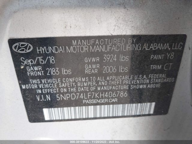 Photo 8 VIN: 5NPD74LF7KH406786 - HYUNDAI ELANTRA 