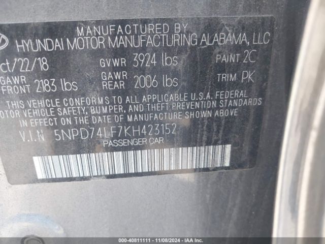 Photo 8 VIN: 5NPD74LF7KH423152 - HYUNDAI ELANTRA 