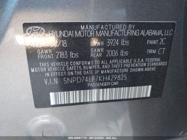 Photo 8 VIN: 5NPD74LF7KH429825 - HYUNDAI ELANTRA 