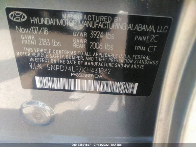 Photo 8 VIN: 5NPD74LF7KH431042 - HYUNDAI ELANTRA 