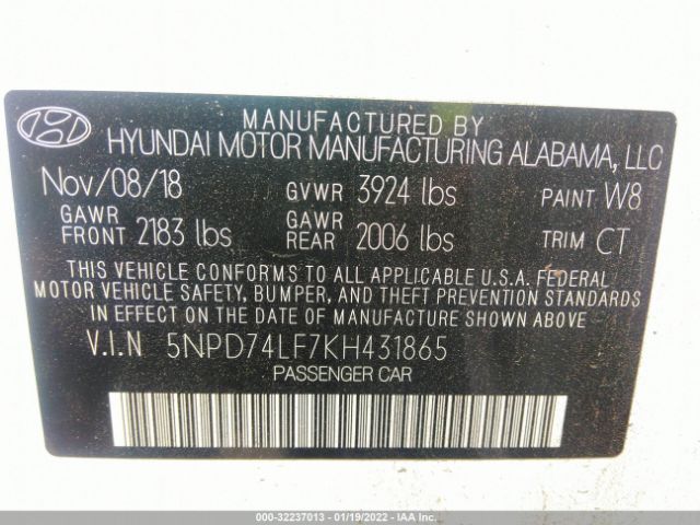 Photo 8 VIN: 5NPD74LF7KH431865 - HYUNDAI ELANTRA 