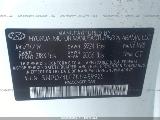 Photo 8 VIN: 5NPD74LF7KH459925 - HYUNDAI ELANTRA 