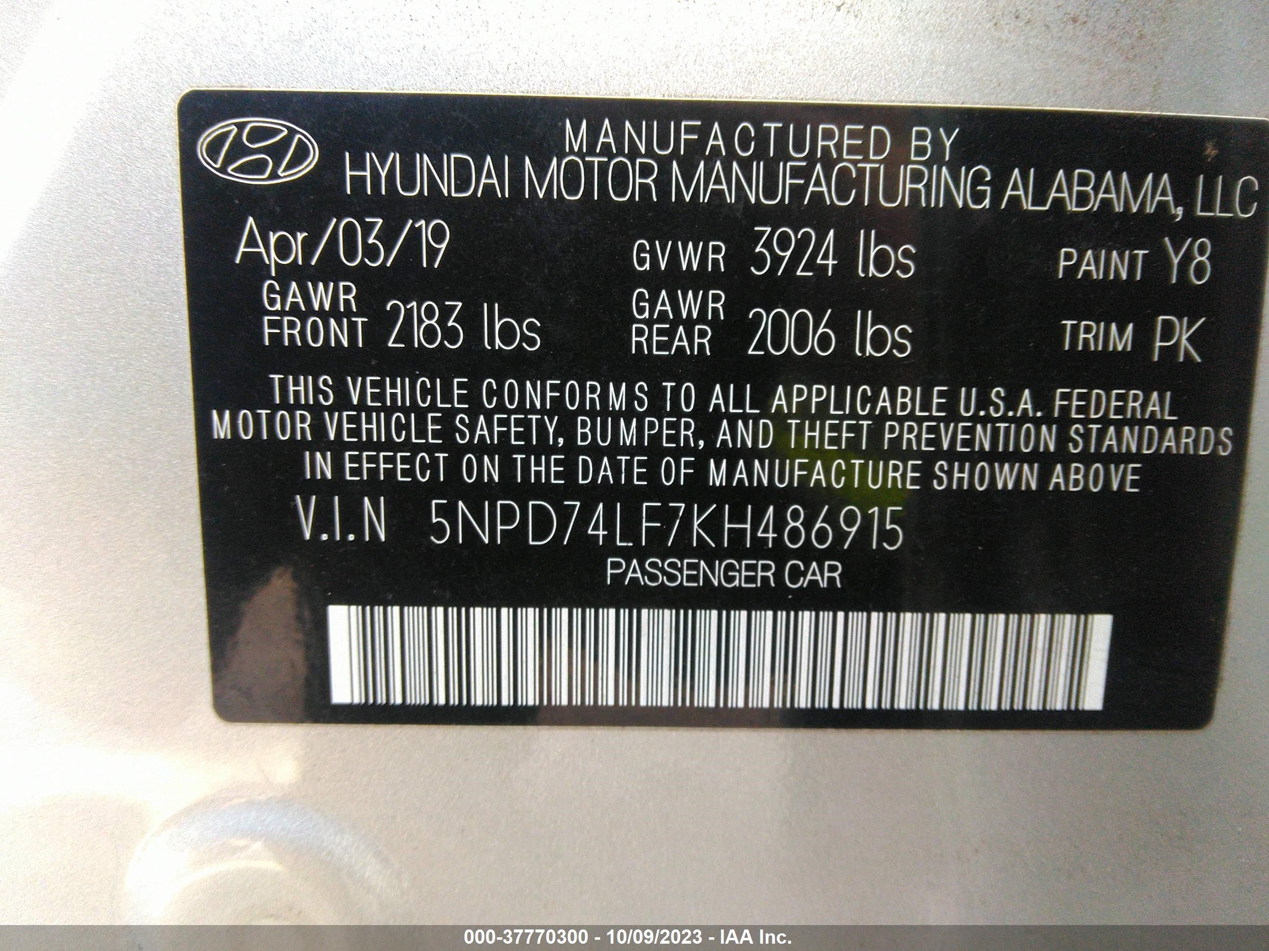 Photo 8 VIN: 5NPD74LF7KH486915 - HYUNDAI ELANTRA 