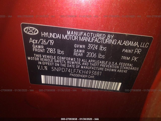 Photo 8 VIN: 5NPD74LF7KH493881 - HYUNDAI ELANTRA 