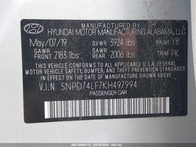 Photo 8 VIN: 5NPD74LF7KH497994 - HYUNDAI ELANTRA 