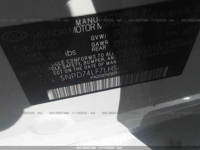 Photo 8 VIN: 5NPD74LF7LH588815 - HYUNDAI ELANTRA 