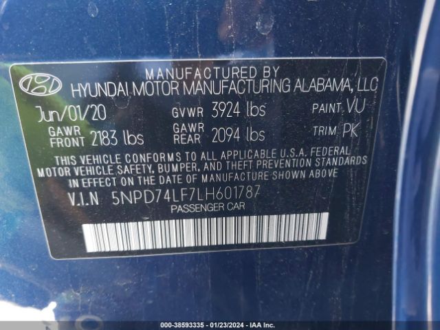 Photo 8 VIN: 5NPD74LF7LH601787 - HYUNDAI ELANTRA 