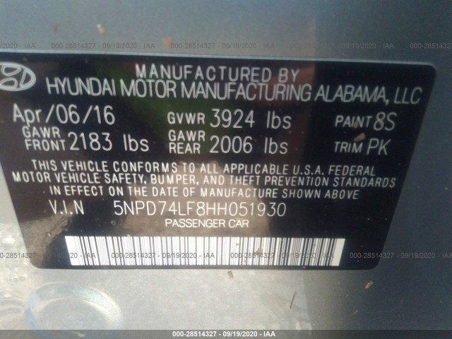 Photo 8 VIN: 5NPD74LF8HH051930 - HYUNDAI ELANTRA 