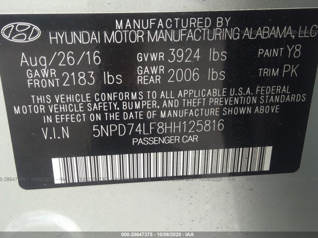 Photo 8 VIN: 5NPD74LF8HH125816 - HYUNDAI ELANTRA 