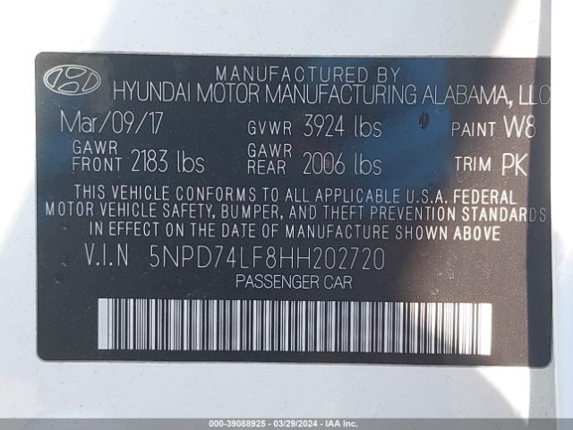 Photo 8 VIN: 5NPD74LF8HH202720 - HYUNDAI ELANTRA 