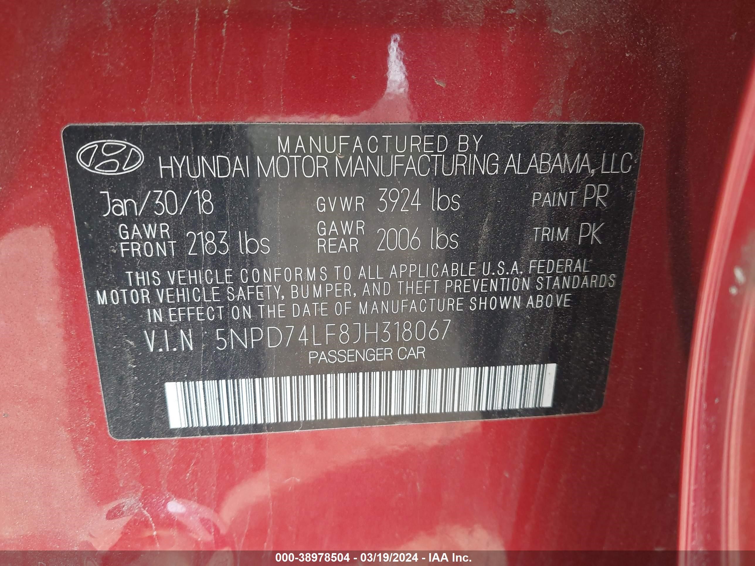 Photo 8 VIN: 5NPD74LF8JH318067 - HYUNDAI ELANTRA 