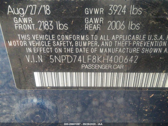 Photo 8 VIN: 5NPD74LF8KH400642 - HYUNDAI ELANTRA 