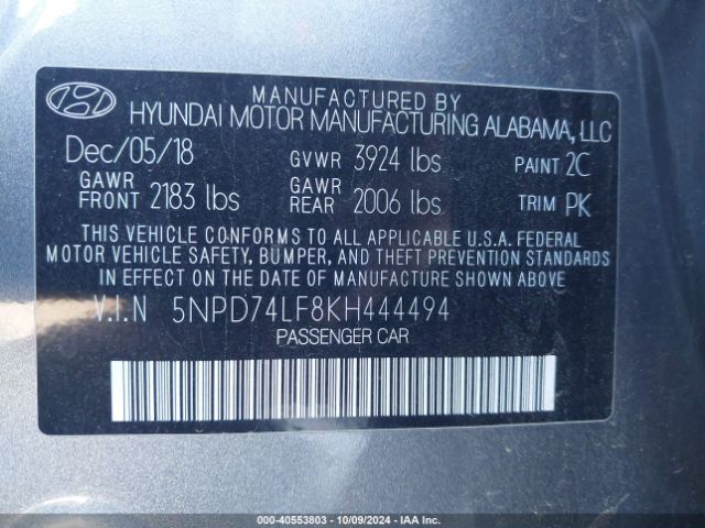 Photo 8 VIN: 5NPD74LF8KH444494 - HYUNDAI ELANTRA 