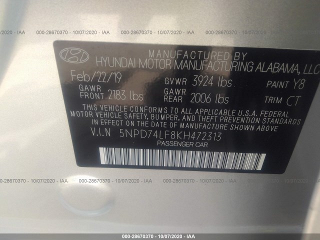 Photo 8 VIN: 5NPD74LF8KH472313 - HYUNDAI ELANTRA 