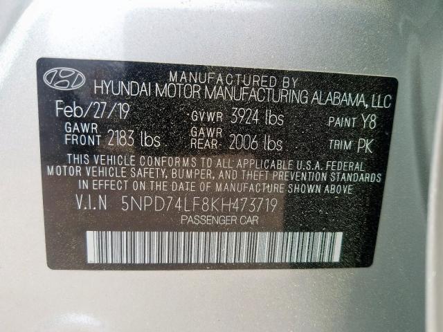 Photo 9 VIN: 5NPD74LF8KH473719 - HYUNDAI ELANTRA SE 