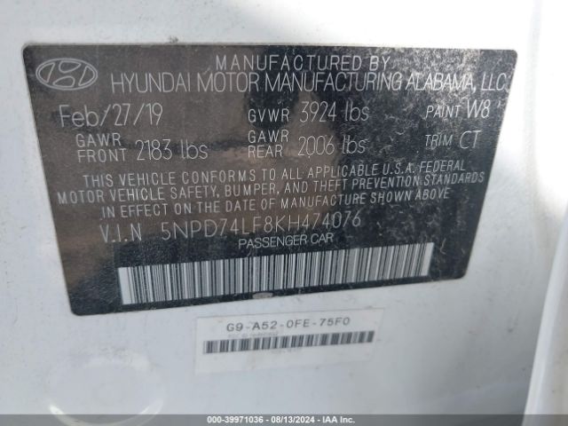 Photo 8 VIN: 5NPD74LF8KH474076 - HYUNDAI ELANTRA 