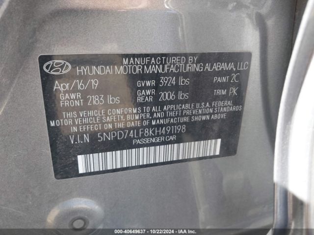 Photo 8 VIN: 5NPD74LF8KH491198 - HYUNDAI ELANTRA 