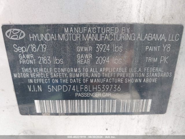 Photo 8 VIN: 5NPD74LF8LH539736 - HYUNDAI ELANTRA 