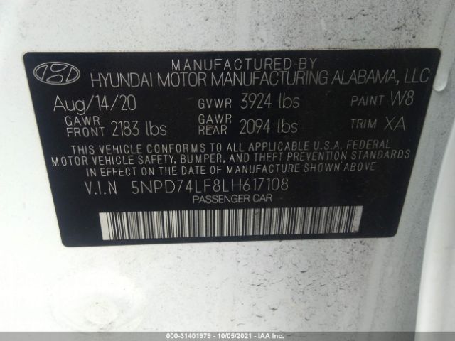 Photo 8 VIN: 5NPD74LF8LH617108 - HYUNDAI ELANTRA 