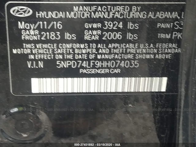 Photo 8 VIN: 5NPD74LF9HH074035 - HYUNDAI ELANTRA 