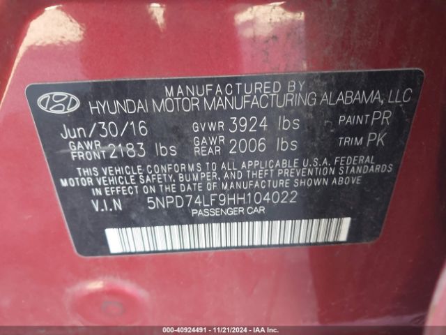 Photo 8 VIN: 5NPD74LF9HH104022 - HYUNDAI ELANTRA 