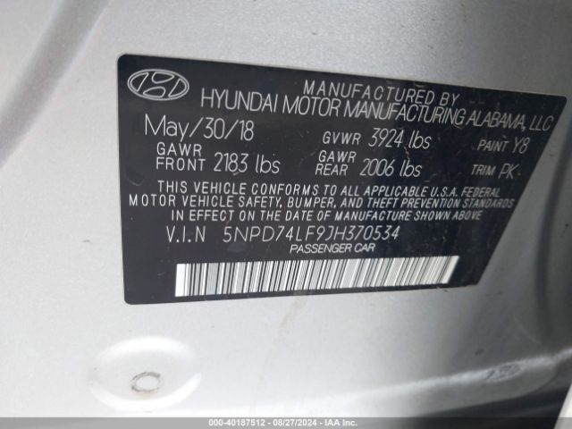 Photo 8 VIN: 5NPD74LF9JH370534 - HYUNDAI ELANTRA 