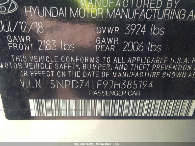 Photo 8 VIN: 5NPD74LF9JH385194 - HYUNDAI ELANTRA 