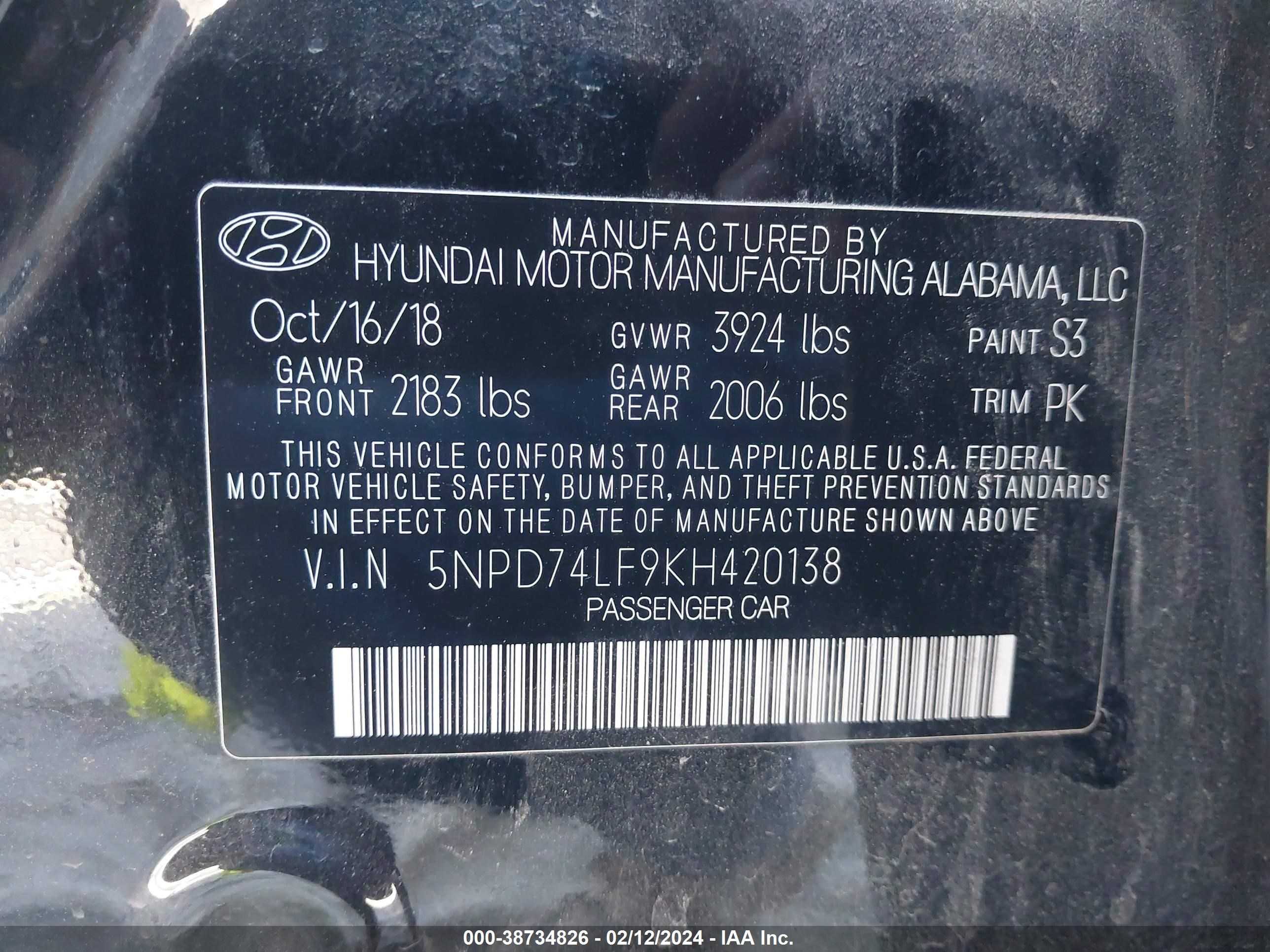 Photo 8 VIN: 5NPD74LF9KH420138 - HYUNDAI ELANTRA 