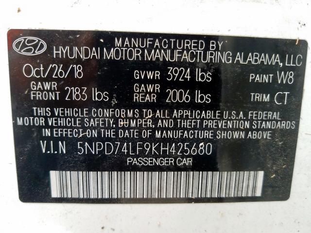 Photo 9 VIN: 5NPD74LF9KH425680 - HYUNDAI ELANTRA SE 